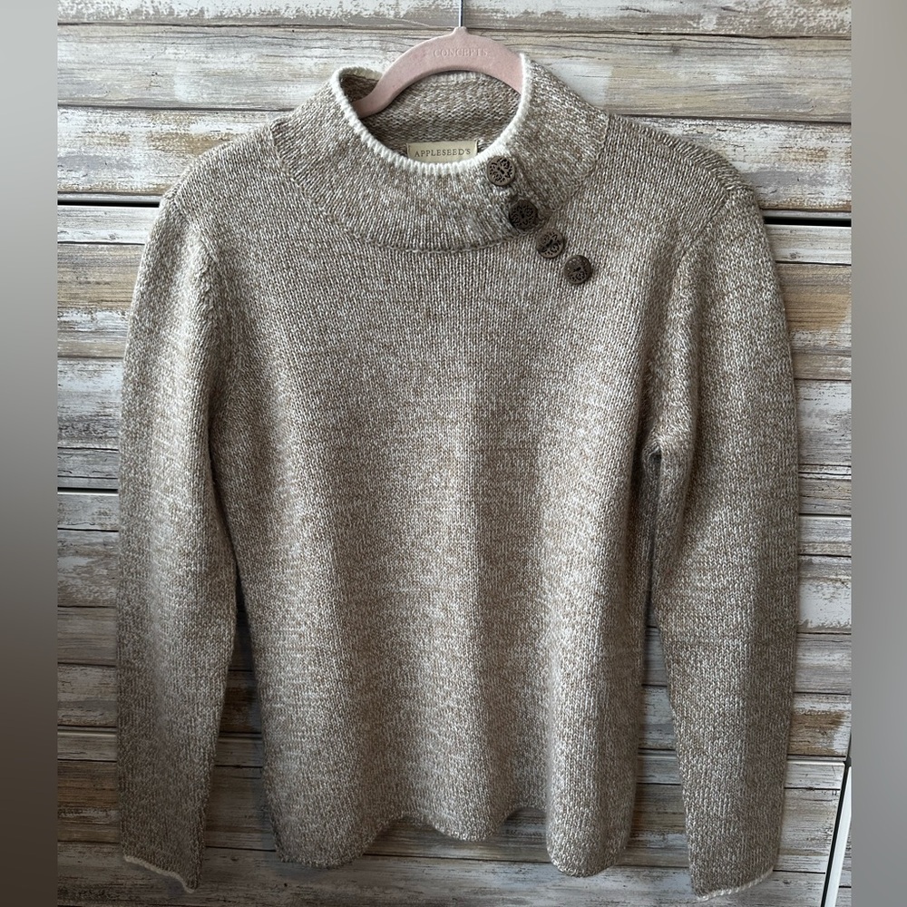 🧶 Appleseed’s Marled Beige Ivory Button Mock Neck Sweater Size S